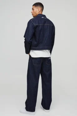 Online boohooMAN Relaxed Pinstripe Denim Applique Harrington Jacket dark blue