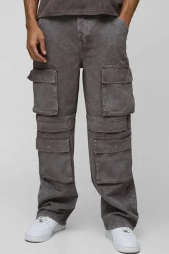 Store boohooMAN Relaxed Rigid Acid Washed Multi Pocket Cargo Denim Jeans taupe