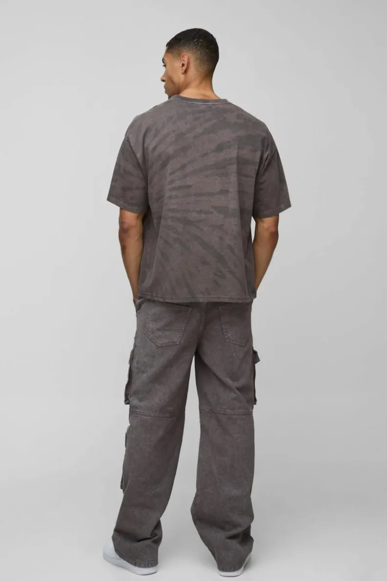 Store boohooMAN Relaxed Rigid Acid Washed Multi Pocket Cargo Denim Jeans taupe