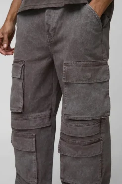 Store boohooMAN Relaxed Rigid Acid Washed Multi Pocket Cargo Denim Jeans taupe