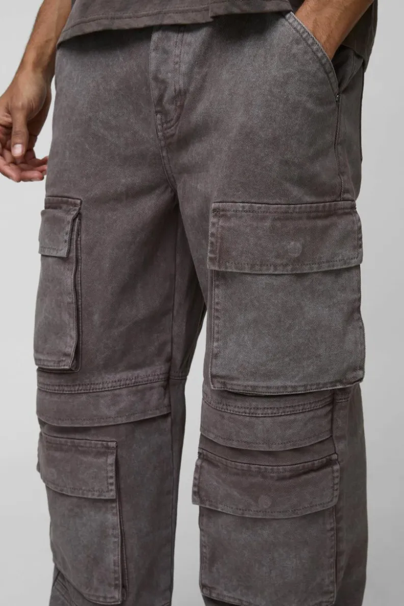 Store boohooMAN Relaxed Rigid Acid Washed Multi Pocket Cargo Denim Jeans taupe