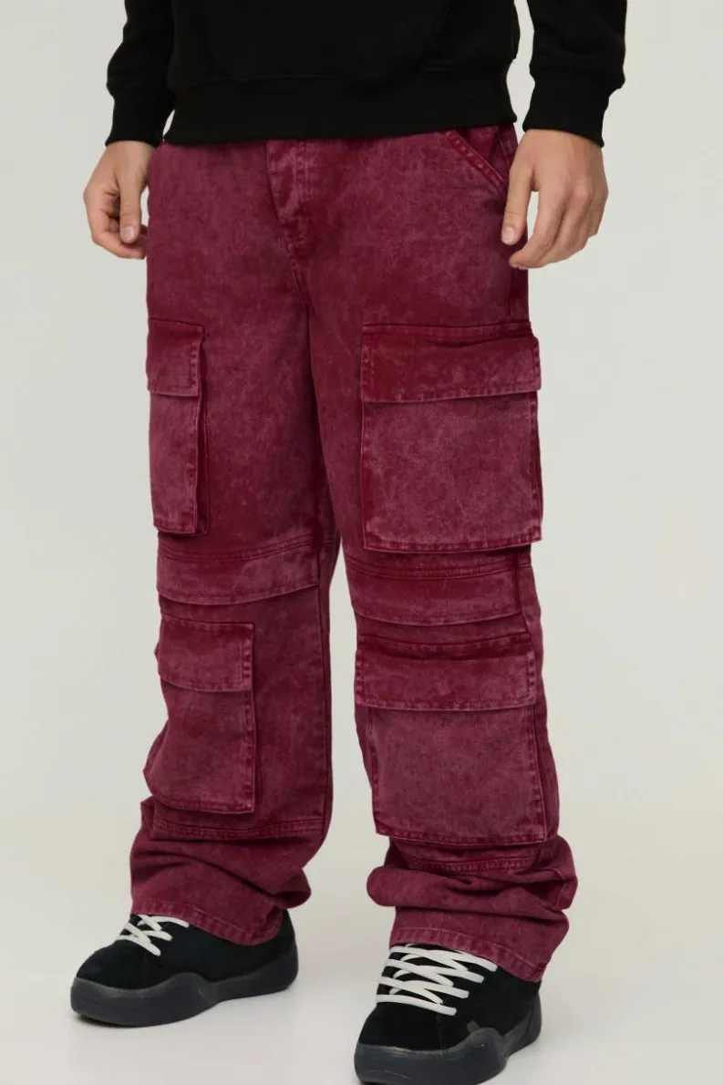 Best boohooMAN Relaxed Rigid Acid Washed Multi Pocket Cargo Denim Jeans burgundy