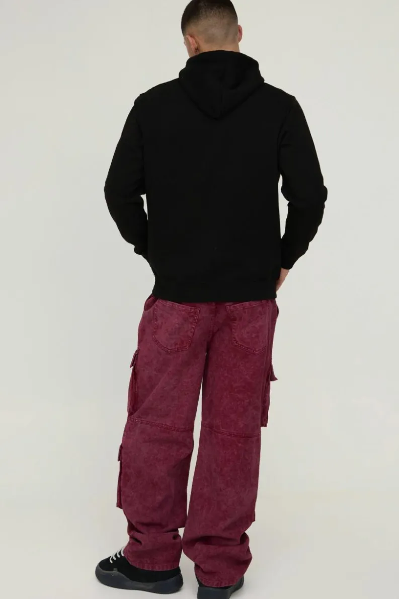 Best boohooMAN Relaxed Rigid Acid Washed Multi Pocket Cargo Denim Jeans burgundy