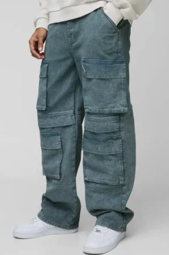 New boohooMAN Relaxed Rigid Acid Washed Multi Pocket Cargo Denim Jeans grey