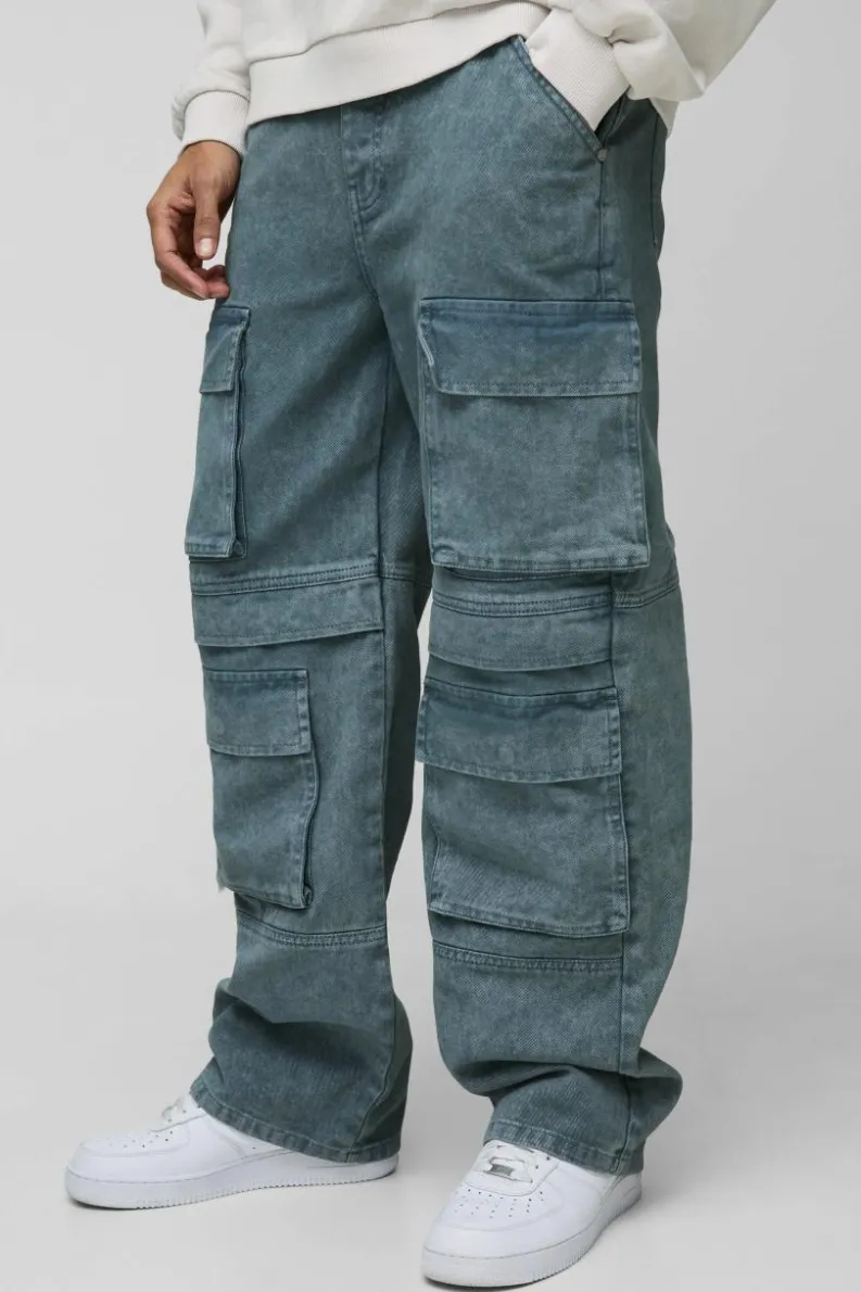 New boohooMAN Relaxed Rigid Acid Washed Multi Pocket Cargo Denim Jeans grey