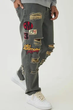 Store boohooMAN Relaxed Rigid Applique Badge Ripped Jeans grey