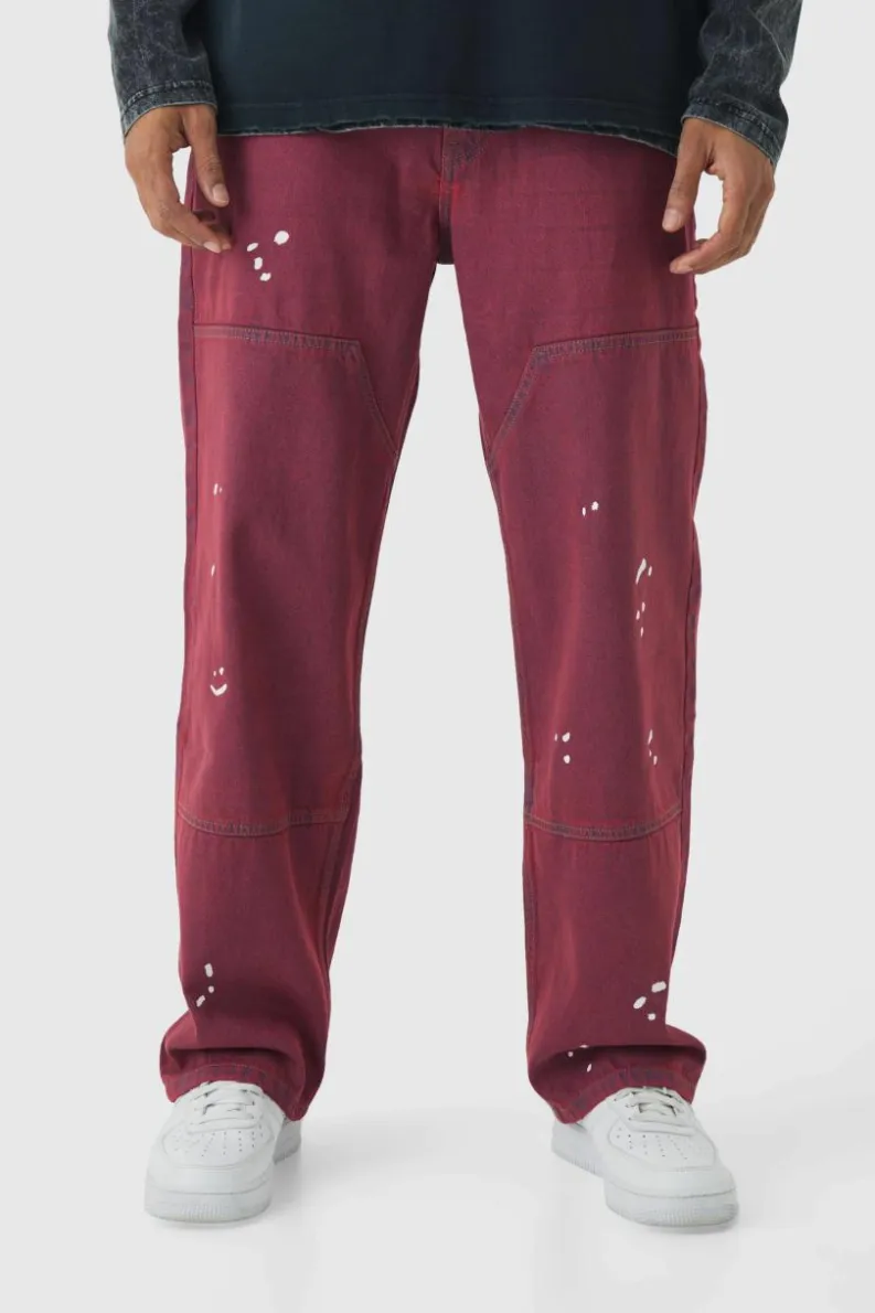 Best boohooMAN Relaxed Rigid Carpenter Paint Splatter Denim Jeans red