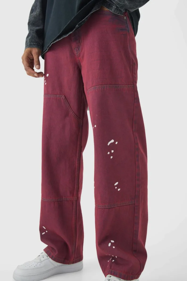 Best boohooMAN Relaxed Rigid Carpenter Paint Splatter Denim Jeans red
