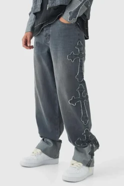 Sale boohooMAN Relaxed Rigid Cross Applique Denim Jeans grey