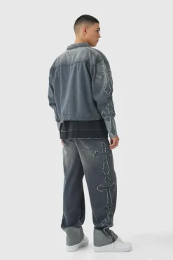 Sale boohooMAN Relaxed Rigid Cross Applique Denim Jeans grey