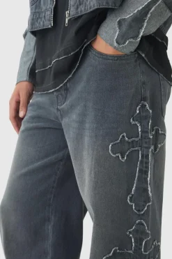 Sale boohooMAN Relaxed Rigid Cross Applique Denim Jeans grey