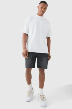 Cheap boohooMAN Relaxed Rigid Denim Shorts In charcoal