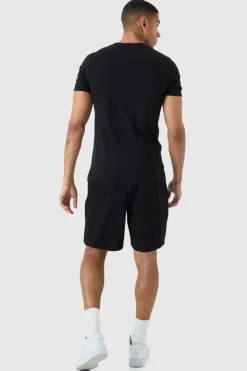 Cheap boohooMAN Relaxed Rigid Denim Shorts In Black true black