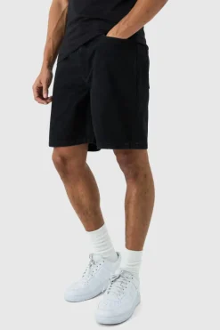 Cheap boohooMAN Relaxed Rigid Denim Shorts In Black true black