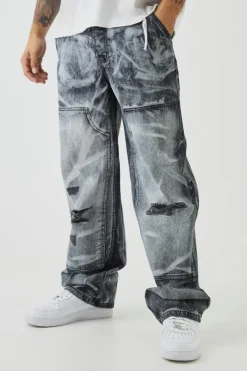 Cheap boohooMAN Relaxed Rigid Dirty Wash Ripped Carpenter Denim Jeans washed black