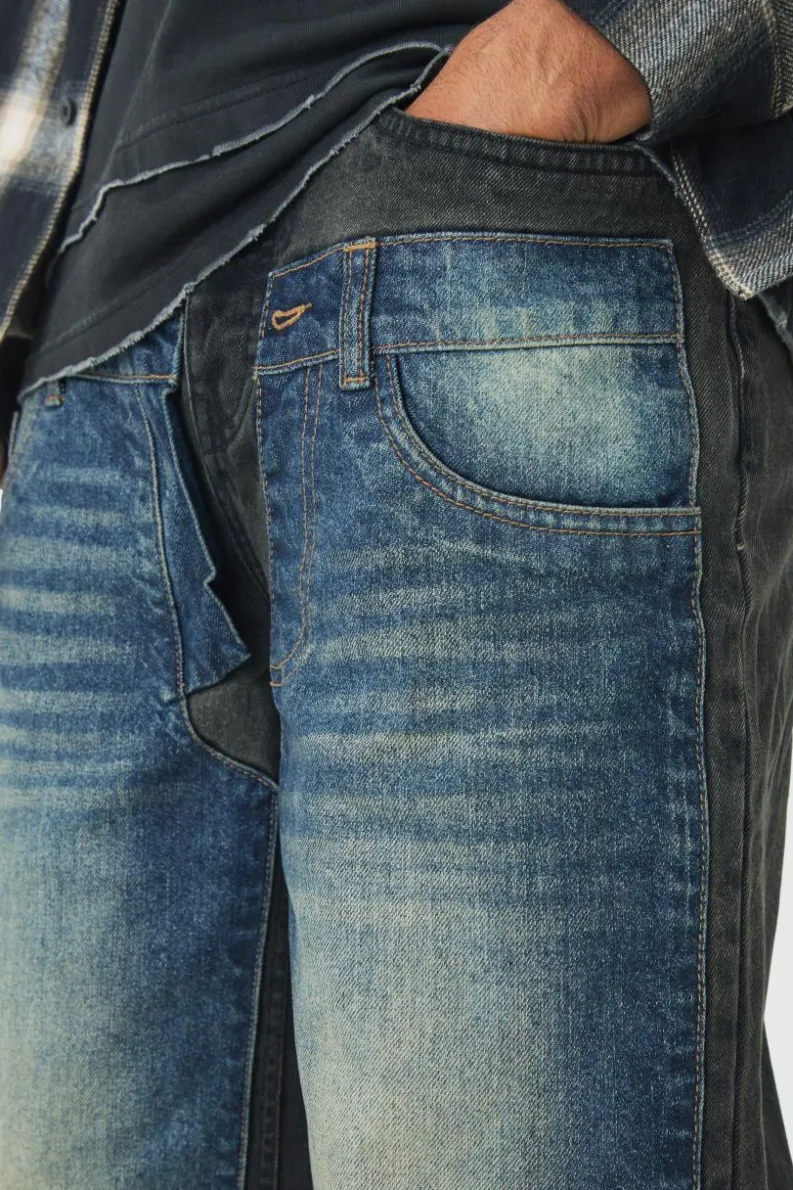 Best boohooMAN Relaxed Rigid Double Waistband Denim Jeans vintage blue