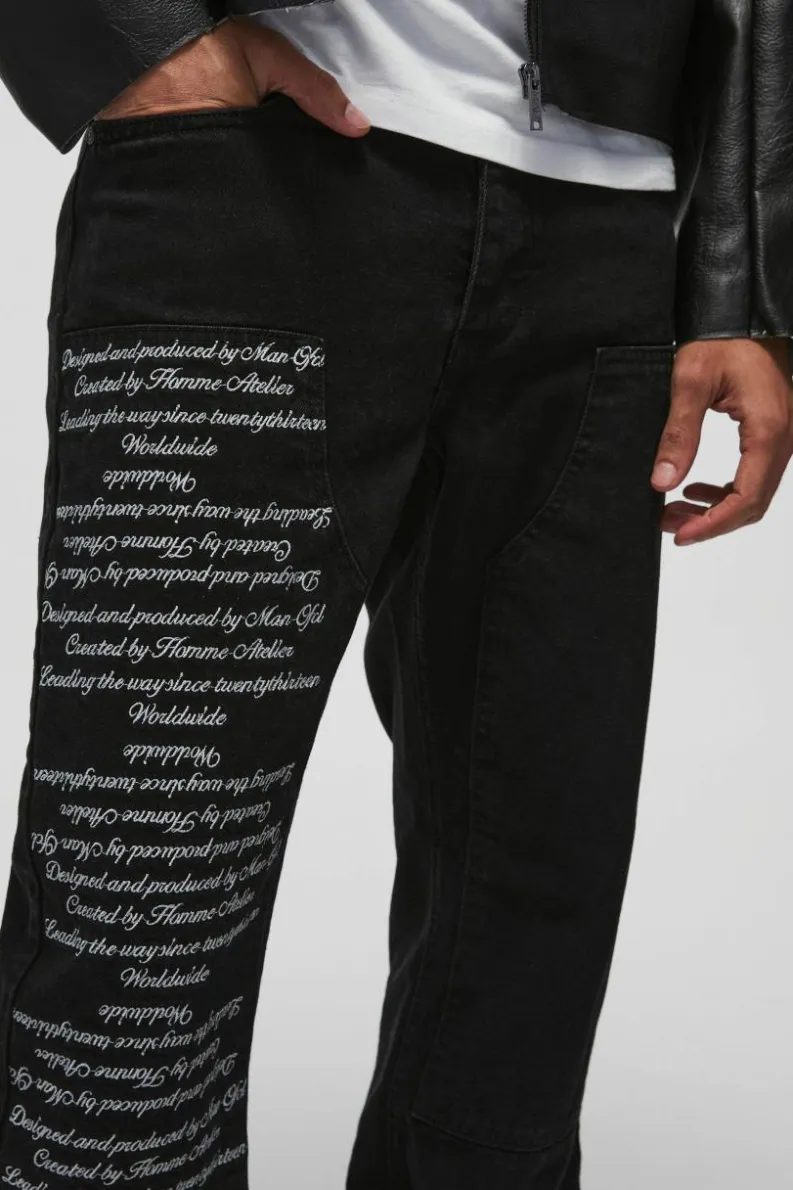 Best boohooMAN Relaxed Rigid Embroidery Carpenter Denim Jeans true black