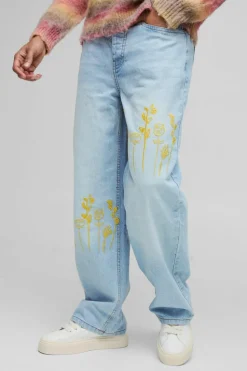 Fashion boohooMAN Relaxed Rigid Embroidery Denim Jeans light blue