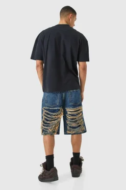 Best Sale boohooMAN Relaxed Rigid Extreme Ripped Denim Jorts In antique blue