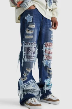 Fashion boohooMAN Relaxed Rigid Flare Applique Jeans antique blue