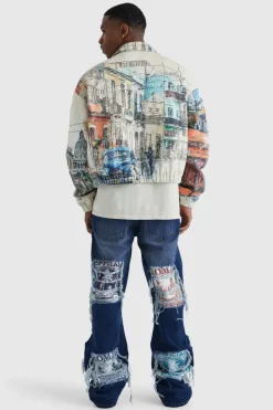 Fashion boohooMAN Relaxed Rigid Flare Applique Jeans antique blue