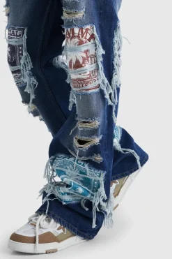 Fashion boohooMAN Relaxed Rigid Flare Applique Jeans antique blue