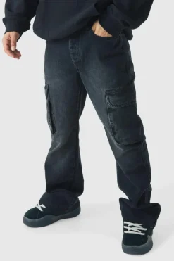 Sale boohooMAN Relaxed Rigid Flare Cargo Denim Jeans washed black