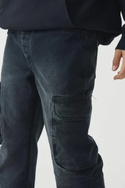Sale boohooMAN Relaxed Rigid Flare Cargo Denim Jeans washed black