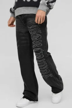 Best Sale boohooMAN Relaxed Rigid Flared Applique Denim Jeans washed black