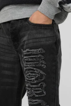 Best Sale boohooMAN Relaxed Rigid Flared Applique Denim Jeans washed black