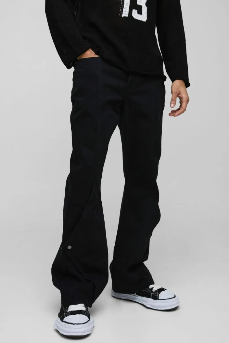 Clearance boohooMAN Relaxed Rigid Flared Bootcut Popper Gusset Denim Jeans true black