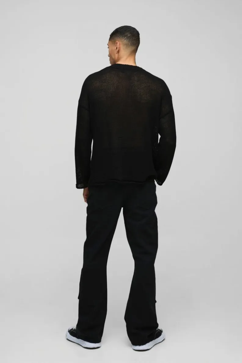 Clearance boohooMAN Relaxed Rigid Flared Bootcut Popper Gusset Denim Jeans true black