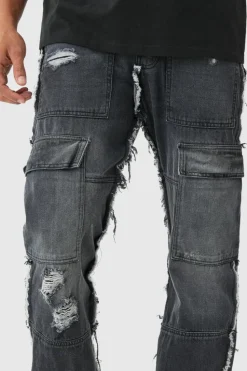 Online boohooMAN Relaxed Rigid Flare Frayed Edge Cargo Jeans washed black