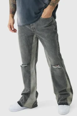 Hot boohooMAN Relaxed Rigid Flare Knee Ripped Denim Jeans stone