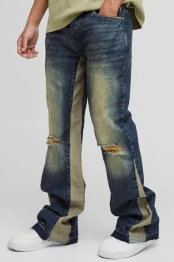 Clearance boohooMAN Relaxed Rigid Flare Knee Ripped Denim Jeans antique wash
