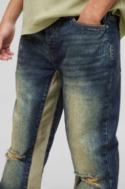 Clearance boohooMAN Relaxed Rigid Flare Knee Ripped Denim Jeans antique wash