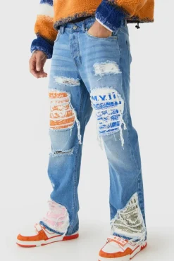 Flash Sale boohooMAN Relaxed Rigid Flare Rip & Repair Applique Jeans light blue