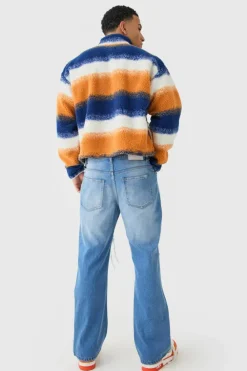 Flash Sale boohooMAN Relaxed Rigid Flare Rip & Repair Applique Jeans light blue