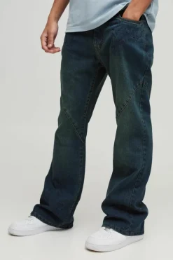 Cheap boohooMAN Relaxed Rigid Flare Western Embroidery Denim Jeans antique wash