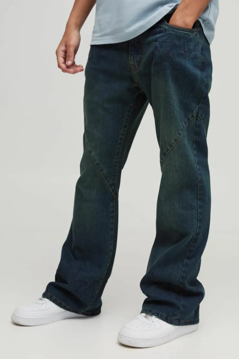 Cheap boohooMAN Relaxed Rigid Flare Western Embroidery Denim Jeans antique wash
