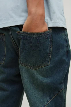 Cheap boohooMAN Relaxed Rigid Flare Western Embroidery Denim Jeans antique wash