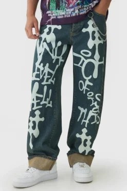 New boohooMAN Relaxed Rigid Graffiti Spray Printed Jeans antique blue