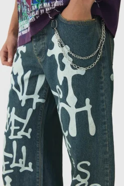 New boohooMAN Relaxed Rigid Graffiti Spray Printed Jeans antique blue