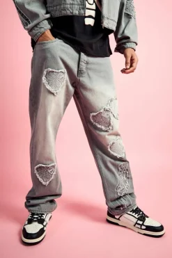 Best boohooMAN Relaxed Rigid Heart Applique Jean In light grey