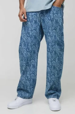 Shop boohooMAN Relaxed Rigid Laser Printed Denim Jeans mid blue
