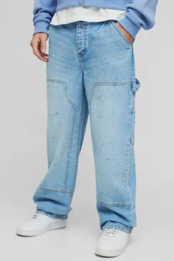 New boohooMAN Relaxed Rigid Paint Splatter Carpenter Denim Jeans light blue
