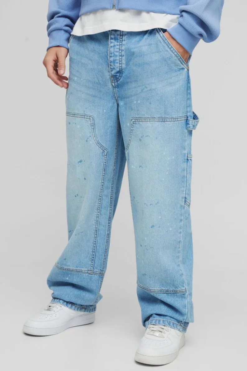 New boohooMAN Relaxed Rigid Paint Splatter Carpenter Denim Jeans light blue