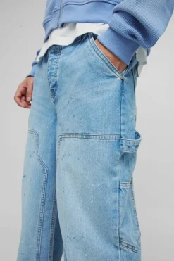 New boohooMAN Relaxed Rigid Paint Splatter Carpenter Denim Jeans light blue