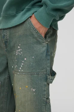 Online boohooMAN Relaxed Rigid Paint Splatter Carpenter Denim Jeans green