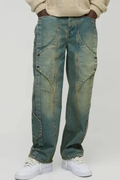 Outlet boohooMAN Relaxed Rigid Panelled Tinted Denim Jeans green